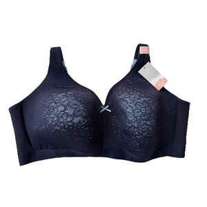 NWT Cacique Lightly Lined No-Wire Floral Lace Bra Navy 46DDD M91540